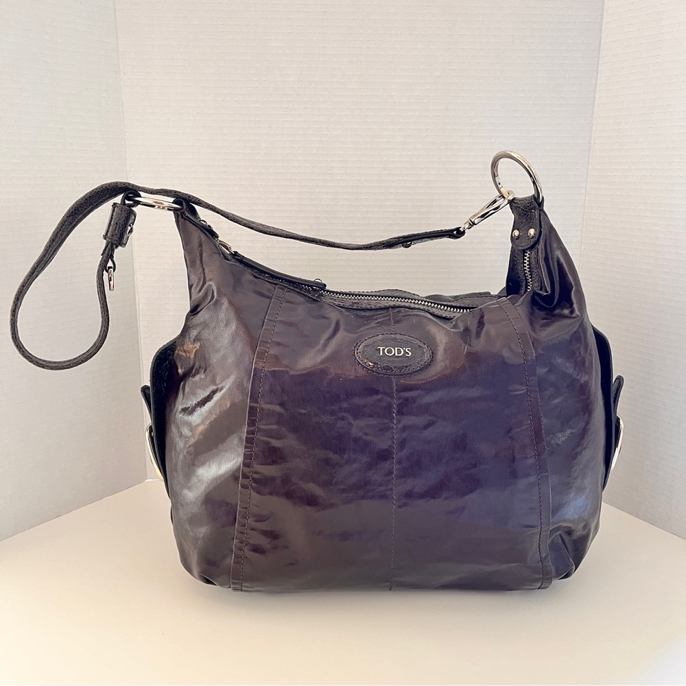 Tod's Dark Brown Coated Canvas and Crackled Patent Leather Side Buckle Hobo